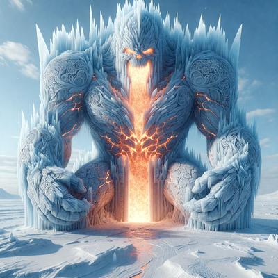 The primary subject of the image is a large, white, and frozen monster. It is situated in a snowy environment, with a mountainous background. The visual style of the image is digital art, as it appears to be a computer-generated or digitally rendered creation. The dominant colors in the image are white and blue, giving it a cold and icy atmosphere.